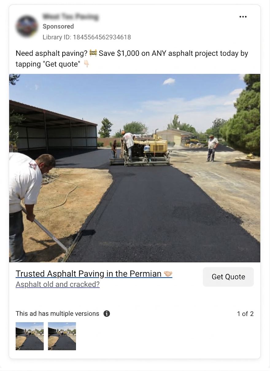 Facebook ad with discount offer and job site photo