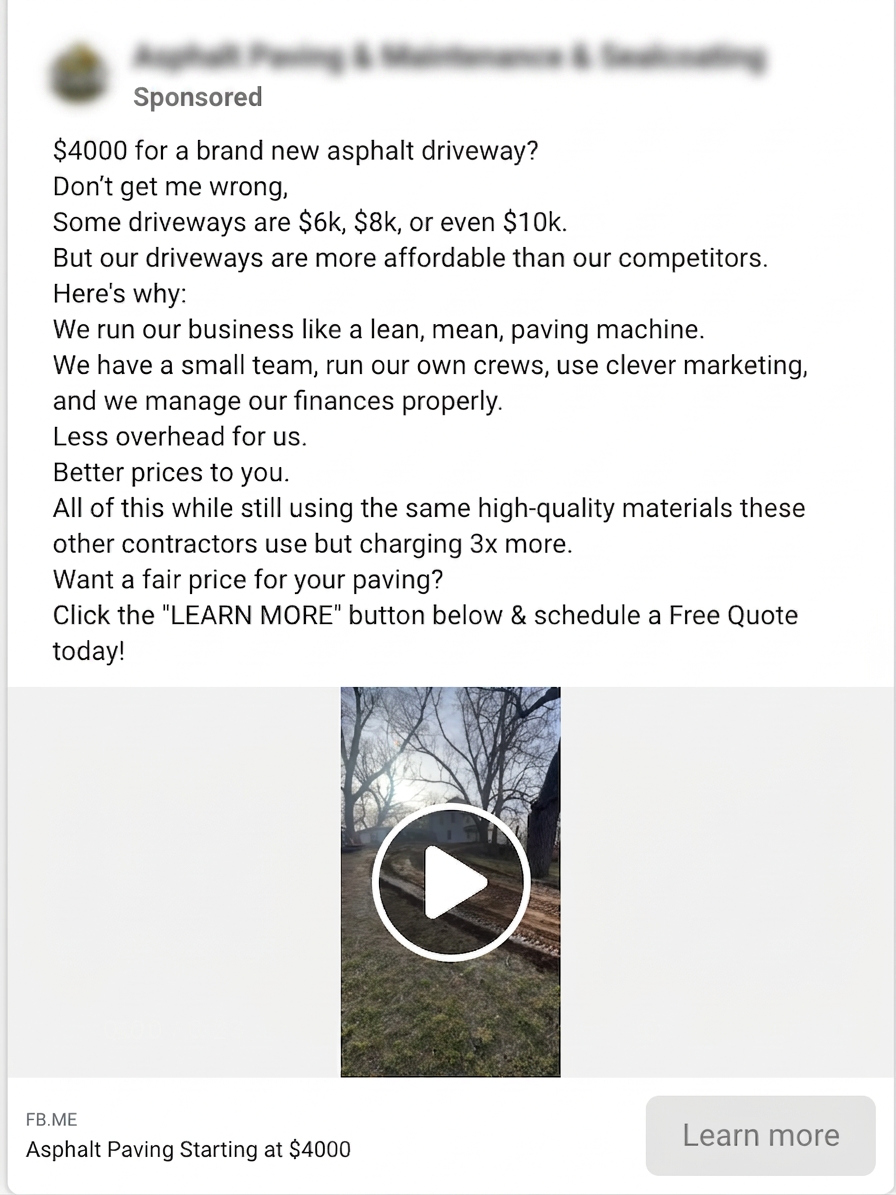 Facebook ad with long-form copy and video thumbnail