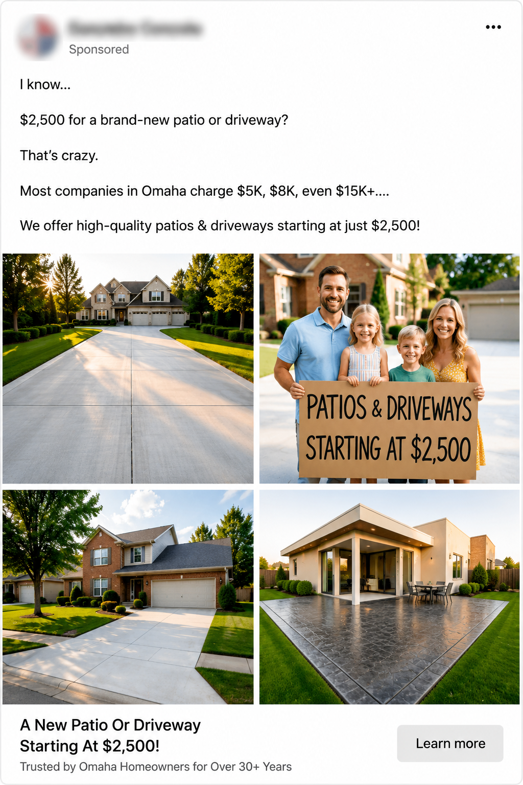 Real Facebook ad with a $500 OFF concrete slab promo and local Florida positioning