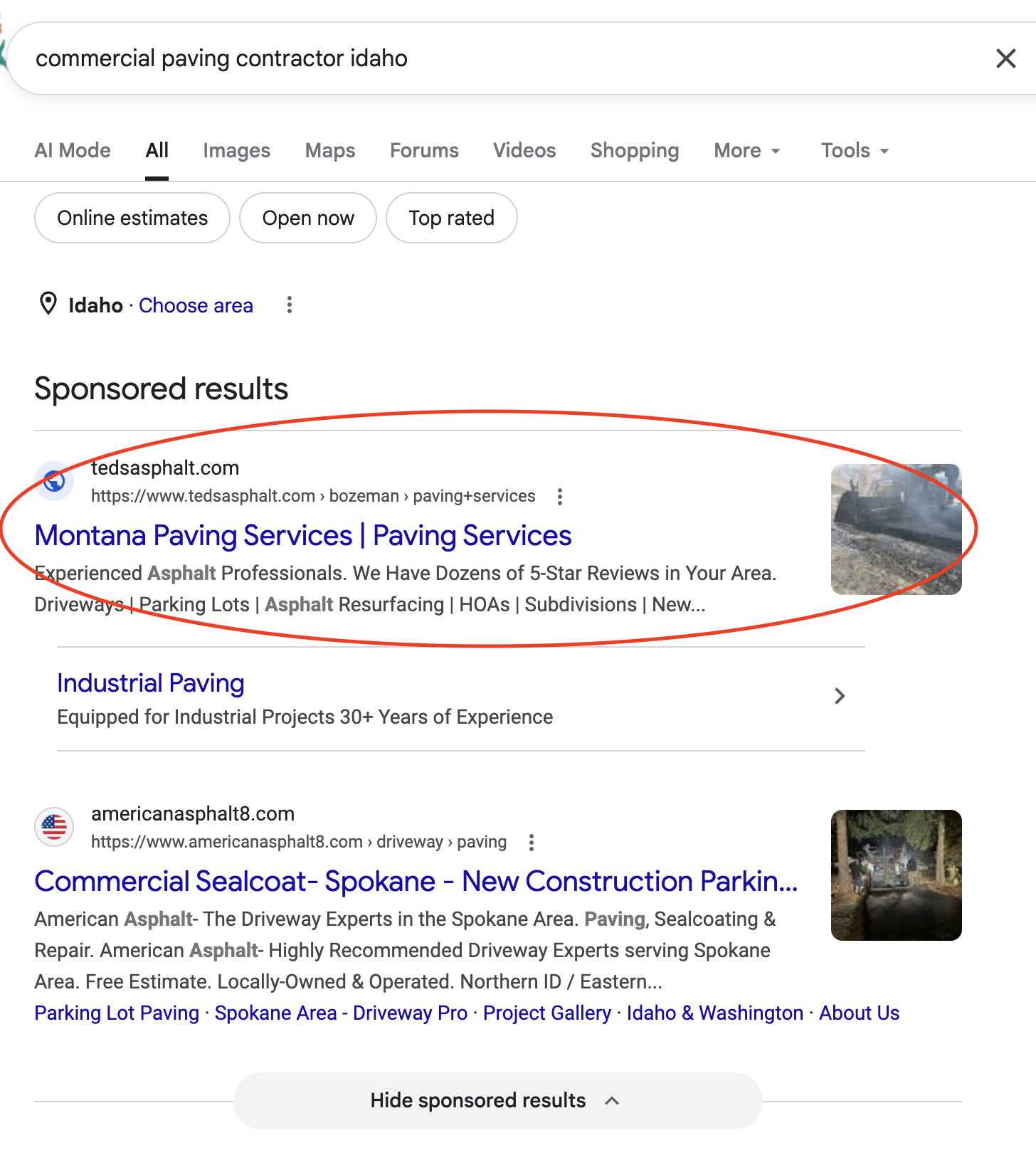 Google search results page for concrete contractor near me with sponsored ads