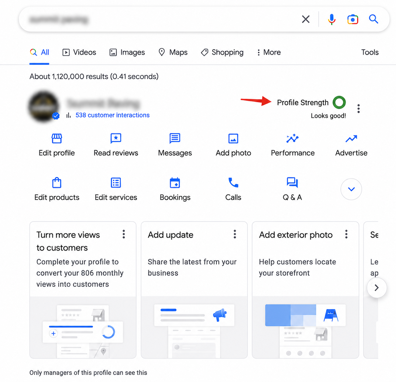 Google Business Profile dashboard showing strong profile strength and 538 customer interactions